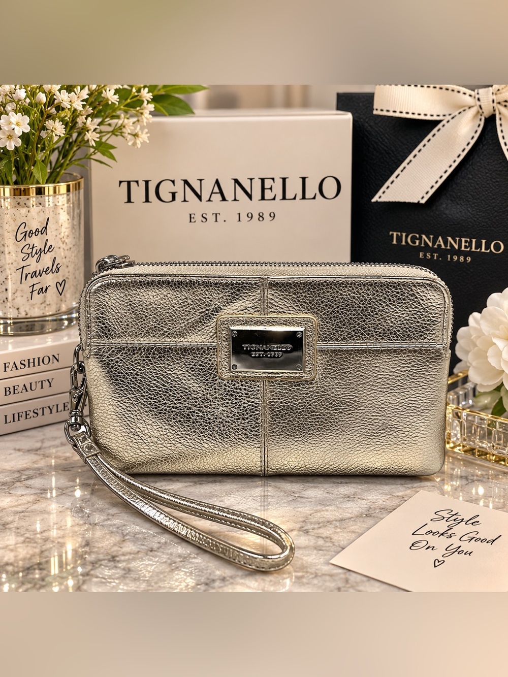 Tignanello Metallic Silver Leather Zip-Around Wristlet Wallet